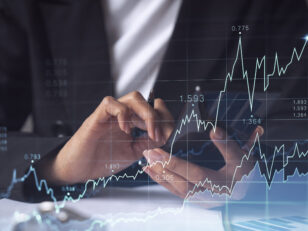 woman financial trader formal wear is checking phone sign contract invest money stock market internet trading wealth management concept forex hologram chart scaled